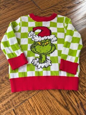 Kids Grinch Checkerboard Holiday Sweater - Lime Green & Red